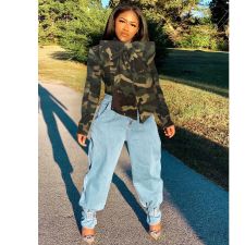 Plus Size Camo Print Bow Knot Denim Jacket Coat SMR-9505