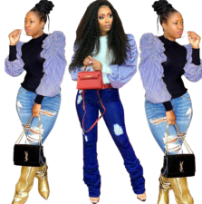 Trendy Long Puff Sleeve Patchwork Pullover Tops FNN-8337