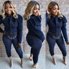 Trendy Puff Sleeve Bow Tie Denim Shirt Tops SMR-9512