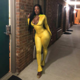 Solid Long Sleeve Zip Up Ruffles Bodycon Jumpsuits NIK-081