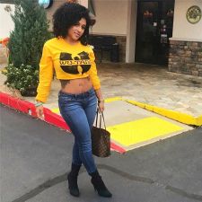 Letter Print Long Sleeve Pullover Crop Tops MOF-5136