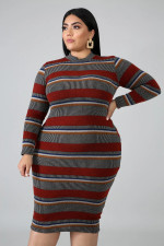 Plus Size Stripe Long Sleeve Bodycon Midi Dress OSM2-4081
