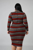 Plus Size Stripe Long Sleeve Bodycon Midi Dress OSM-4081