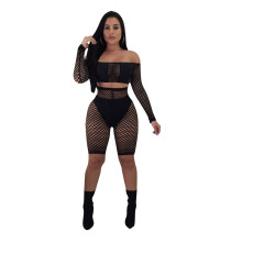 Sexy Mesh Fishnet Hollow Two Piece Shorts Set Plus Size FNN-8110
