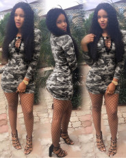 Camouflage Print Sexy Lace Up Bodycon Mini Dress FNN-8016