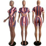 Colorful Stripe Crop And Shorts 2 Piece Sets MDF-5061