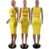 Sexy Holes Sleeveless Tops Midi Skirt 2 Piece Sets MDF-5063