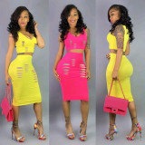 Sexy Holes Sleeveless Tops Midi Skirt 2 Piece Sets MDF-5063