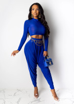 Solid Long Sleeve Top Harem Pants 2 Piece Suit LUO-3039