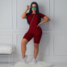 Plus Size Solid Color Short Sleeve Two Piece Shorts Set TE-3998