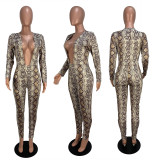 Snake Skin Print Deep V Neck Long Sleeve Jumpsuit CHY-1097