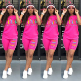 Plus Size Letter Print T Shirt Shorts Two Piece Sets HMS-5249