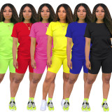 Solid Tracksuit Short Sleeve Two Piece Shorts Set TE-3779