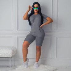 Plus Size Solid Color Short Sleeve Two Piece Shorts Set TE-3998