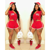Plus Size Striped Baseball Two Piece Shorts Set ASL-6025