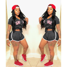 Plus Size Striped Baseball Two Piece Shorts Set ASL-6025
