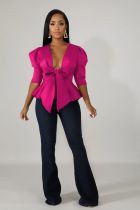 Solid Puff Sleeve Ruffles Bow Tie Peblum Blouse Top WY-6604-1