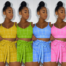 Sexy Plaid Tank Top Shorts Two Piece Set HM-6192