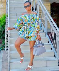 Floral Print Slash Neck Sashes 2 Piece Shorts Set LSL-8033