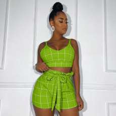 Sexy Plaid Tank Top Shorts Two Piece Set HM-6192