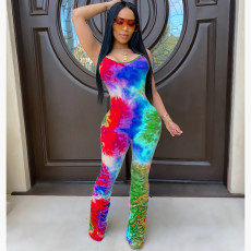 Coloful Printed Ruched Skinny Strap Jumpsuits JH-143