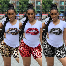 Plus Size Leopard Print T Shirt And Shorts 2 Piece Sets QY-5130-1