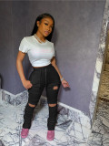 Solid Stacked Holes Long Sweatpants SMD-2024-2