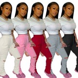 Solid Stacked Holes Long Sweatpants SMD-2024-2