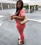 Plus Size Pink Letter Print Short Sleeve 2 Piece Pants Set YIM-8101