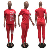 Plus Size Pink Letter Print Short Sleeve 2 Piece Pants Set YIM-8101