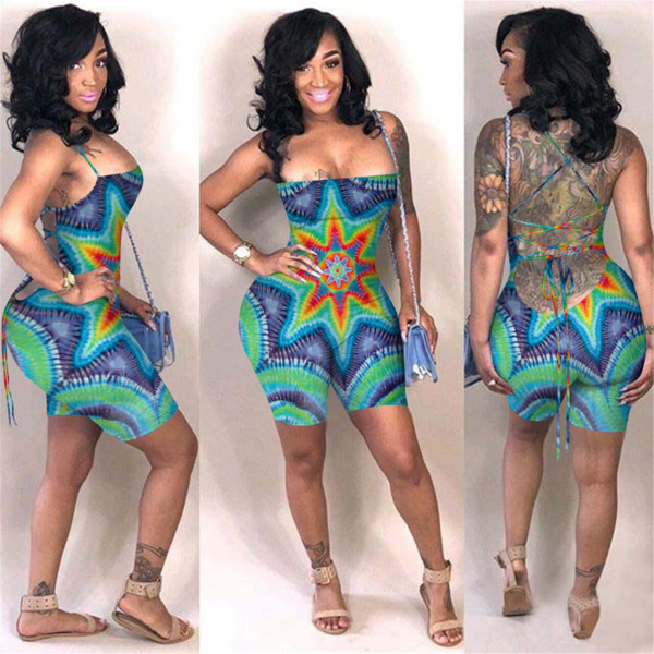 Sexy Printed Backless Criss Cross Strap Playsuit NIK-113