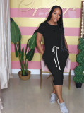 Solid Elastic Waist Short Sleeve Casual Midi Dress AIL-092