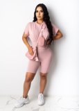 Solid Short Sleeve Waist Two Piece Shorts Set YIM-k8106