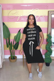 Plus Size Casual Letter Print Drawstring Split Midi Dress LDS-3211