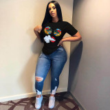 Plus Size Cartoon Print Short Sleeve O Neck T Shirt Tops BGN-062