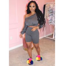 Plus Size Solid Oblique Off Shoulder 2 Piece Shorts Set LP-6205