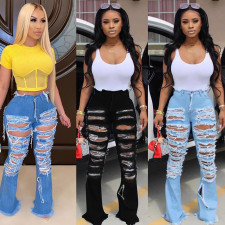 Denim Ripped Holes Boot Cut Long Jeans Pants OD-8342