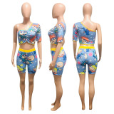 Cartoon Print One Shoulder Two Piece Shorts Set NIK-120