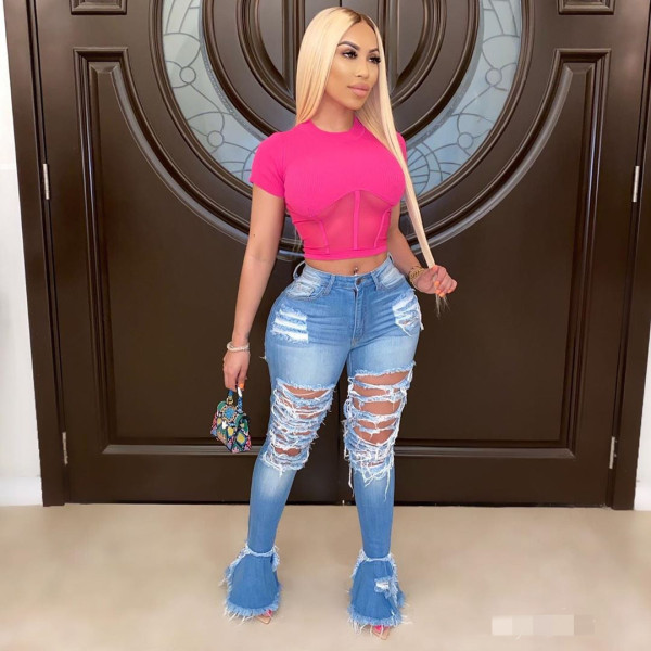 Plus Size Denim Ripped Holes Flared Jeans Pants OD-8354-1