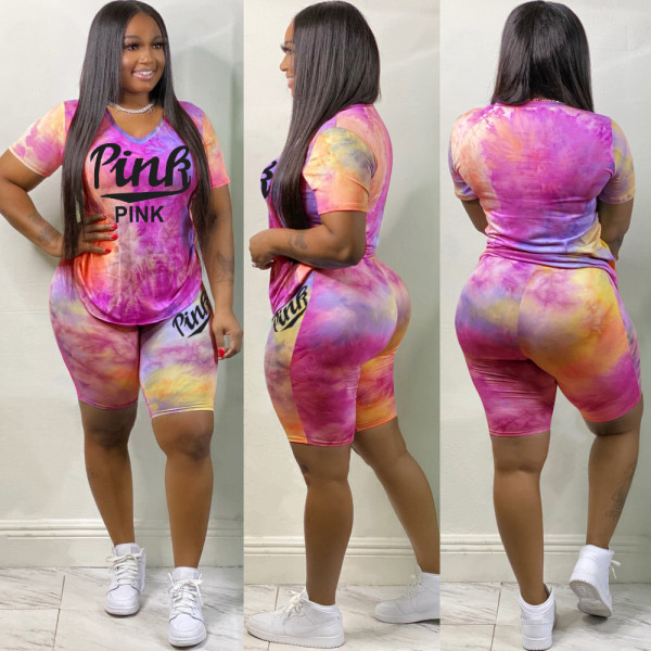 Fashion Tie-dye Pink letters Two Piece Set WAF-5008