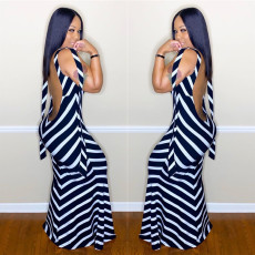 Sexy Black White Stripe Backless Maxi Dress LSL-6348