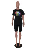 Lip Print T Shirt Casual Shorts Two Piece Set WAF-5113