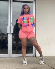 Plus Size Colorful Letter Print Two Piece Shorts Set QZX-6125