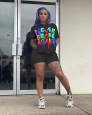 Plus Size Colorful Letter Print Two Piece Shorts Set QZX-6125