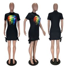 Plus Size 5XL Black Lips Print Short Sleeve Mini Dress LM-8152