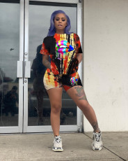 Plus Size Tie Dye Lips Print Two Piece Shorts Set FNN-8393