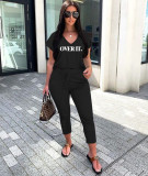 Letter Print V Neck T Shirt Ankle Lengtjh Pants Sets MEM-8280
