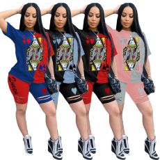 Plus Size Poker Print Two Piece Shorts Set DAI-8241