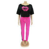Plus Size Casual Lip Print T Shirt Long Pants Two Piece Set AIL-099