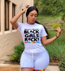 Plus Size Letter Print Casual Two Piece Shorts Set WAF-6011